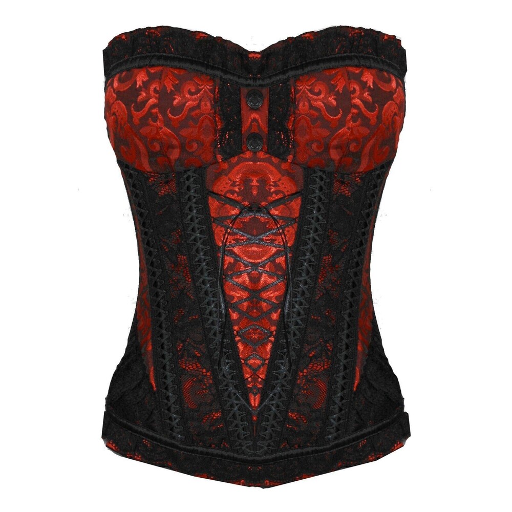 Gothic Renaissance Red & Black Jacquard Lace Trim Lace-Up Corset Bustier Medium